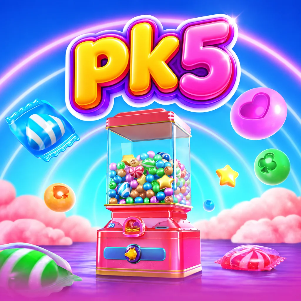 pk5 menampilkan Candy Superwin dengan mesin permen warna-warni dan latar pelangi cerah