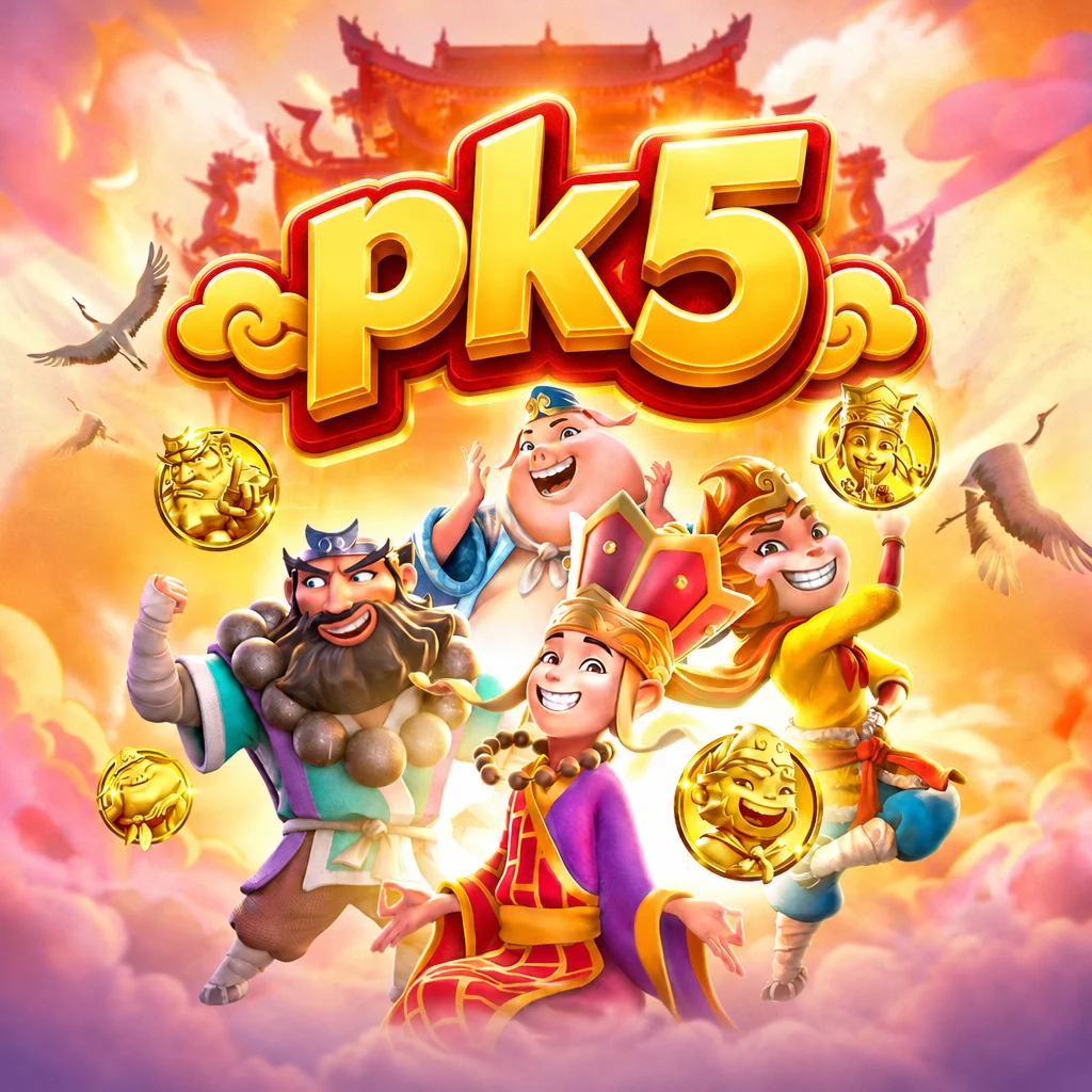 pk5 menampilkan karakter Journey to the Wealth dengan biksu dan tiga pengikut berlatar kuil awan emas